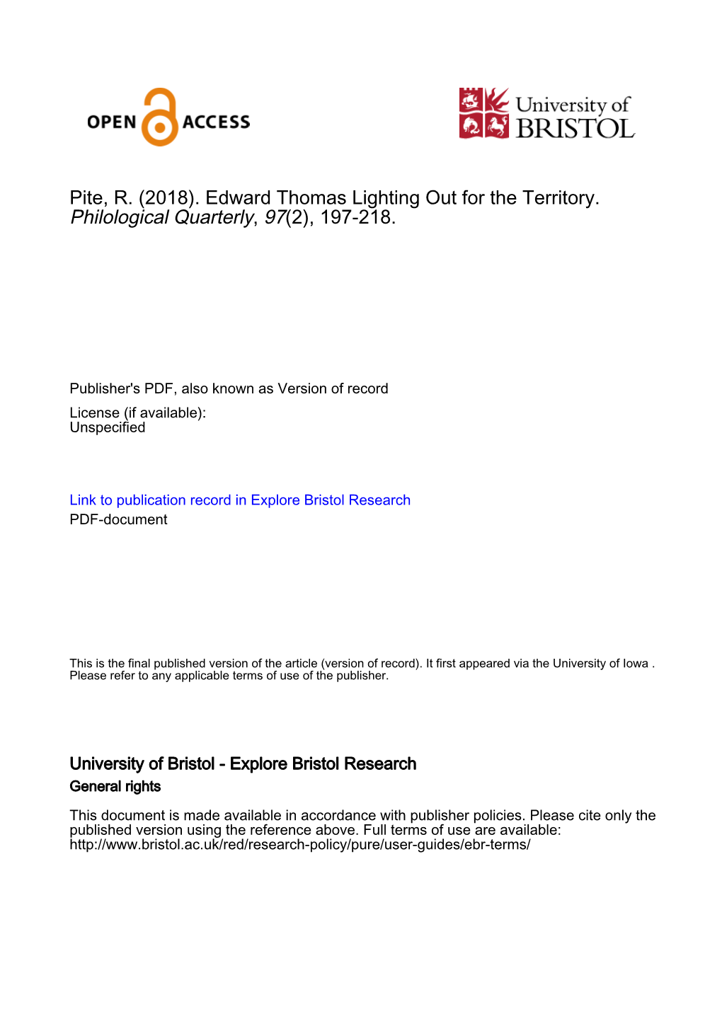 Pite, R. (2018). Edward Thomas Lighting out for the Territory. Philological Quarterly, 97(2), 197-218