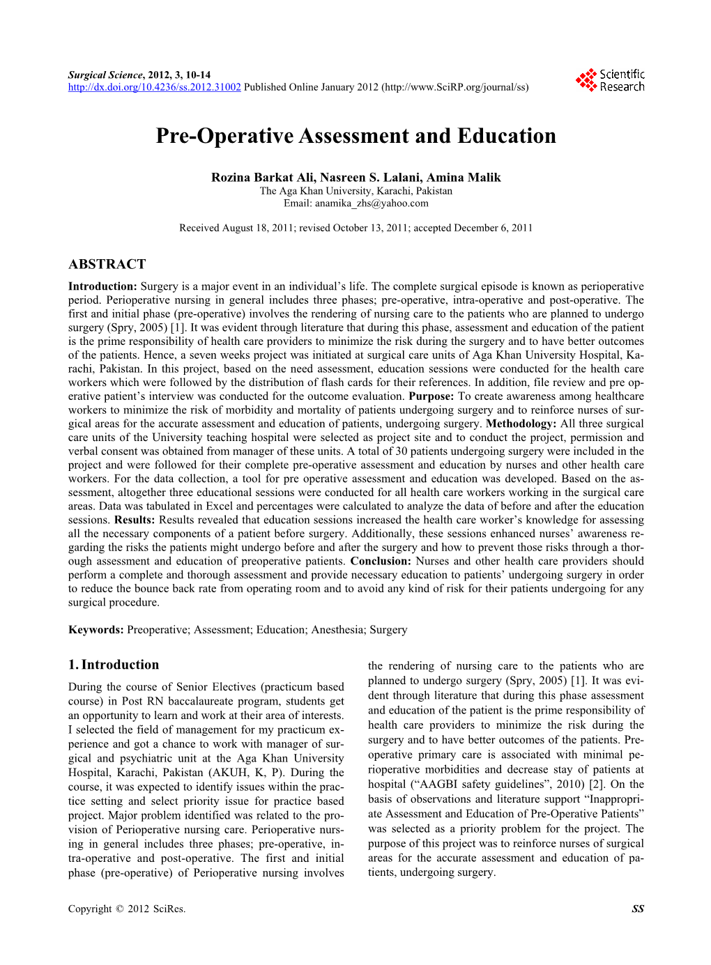 Pre-Operative Assessment and Education