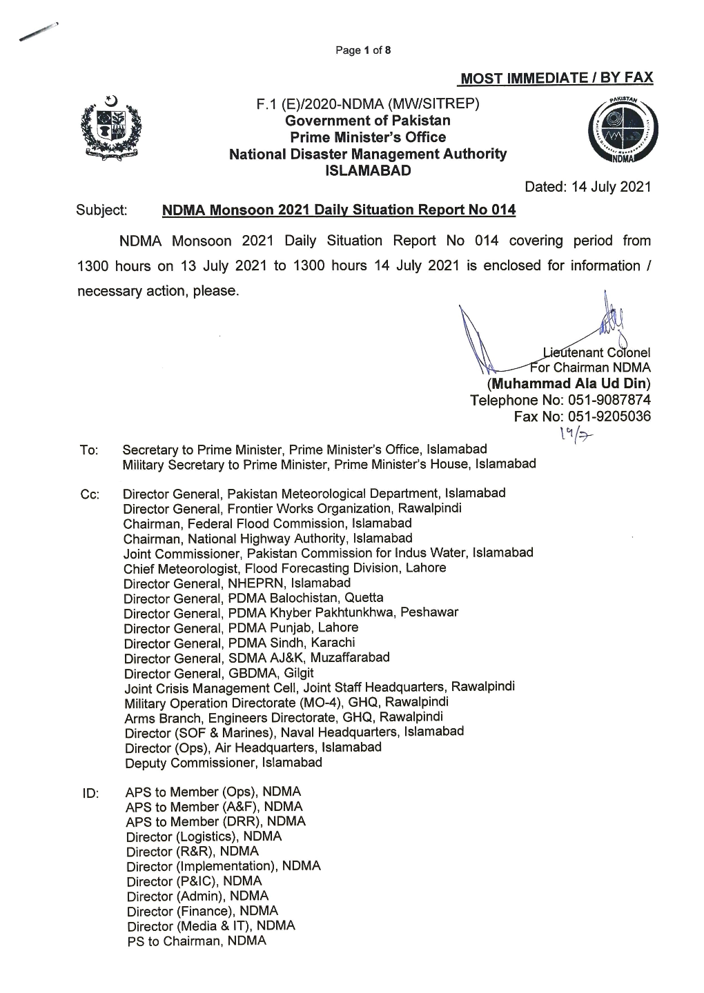 NDMA Monsoon 2021 Daily Situation Report No