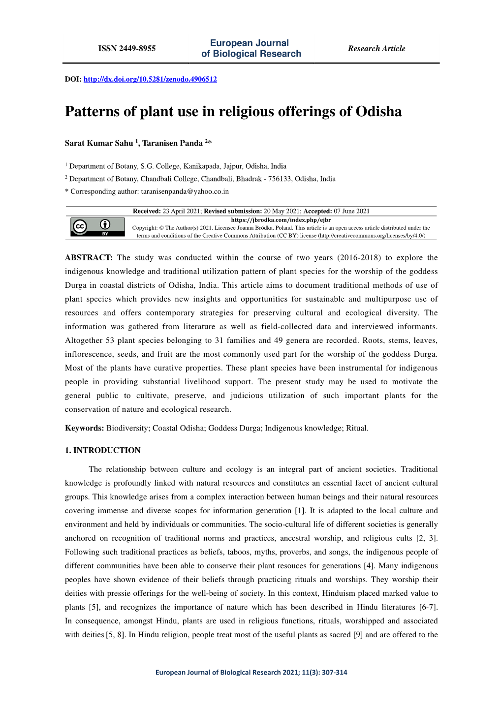 Patterns of Plant Use in Religious Offerings of Odisha