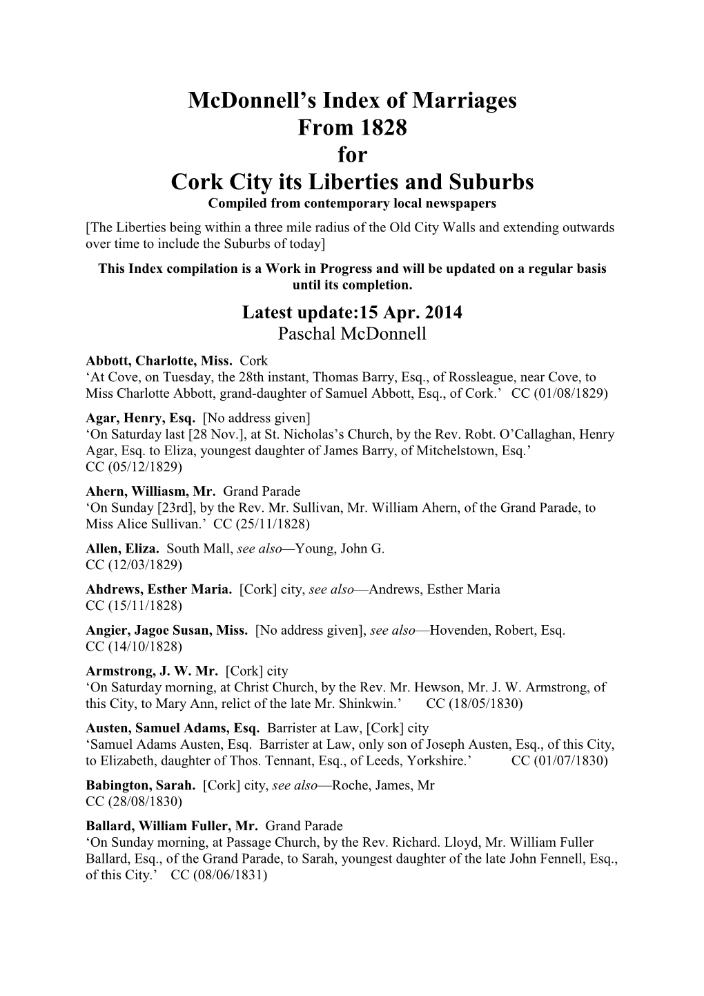 Mcdonnell's Index of Marriages from 1828 for Cork City Its Liberties And