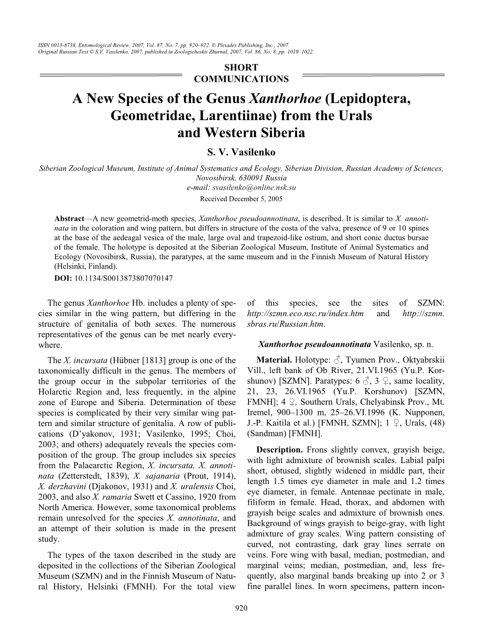 A New Species of the Genus Xanthorhoe (Lepidoptera, Geometridae, Larentiinae) from the Urals and Western Siberia