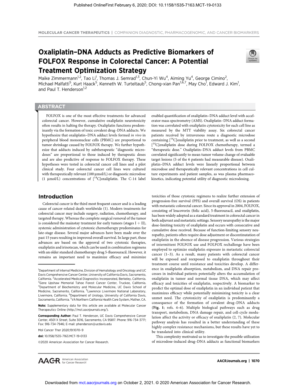 Oxaliplatin–DNA Adducts As Predictive Biomarkers of FOLFOX