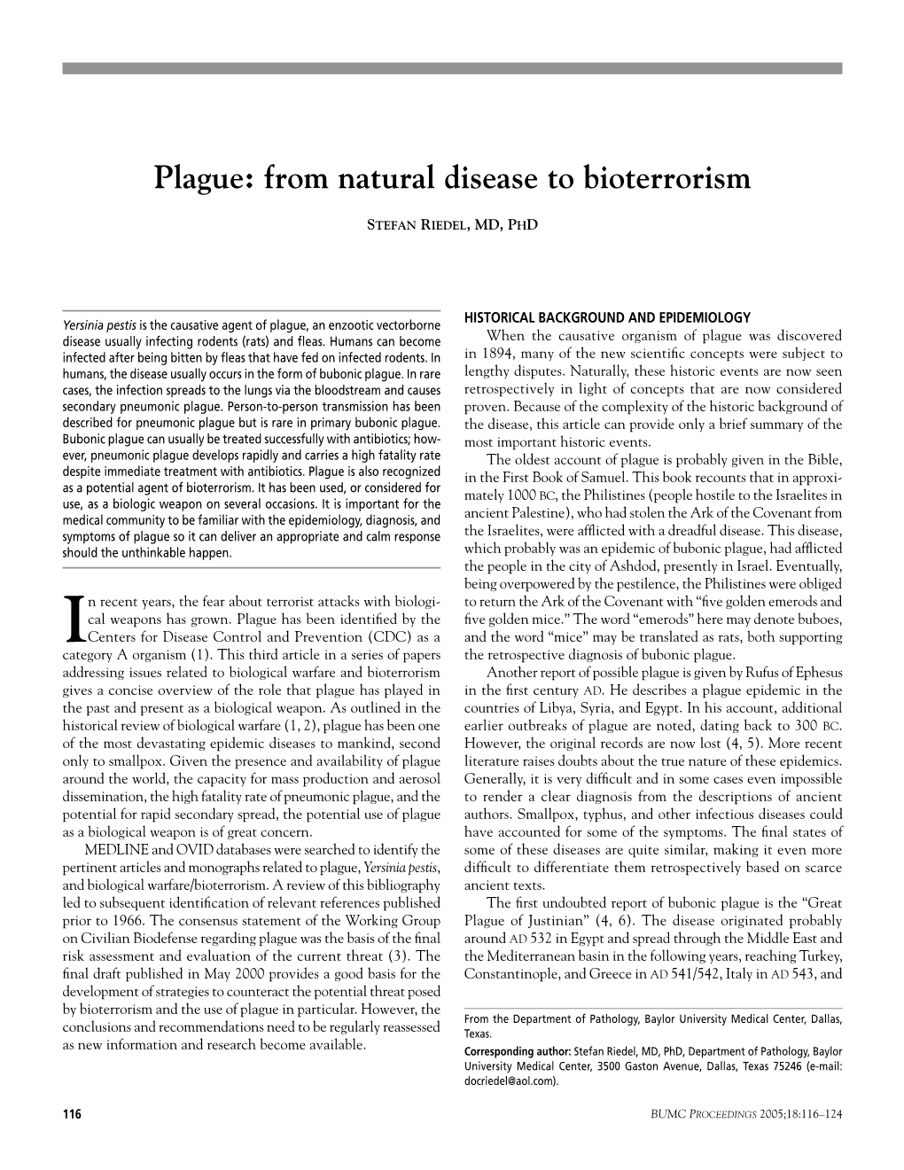 Plague: from Natural Disease to Bioterrorism