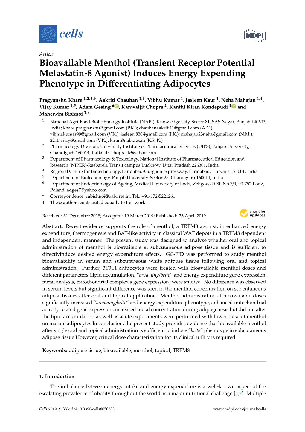 Bioavailable Menthol (Transient Receptor Potential Melastatin-8 Agonist) Induces Energy Expending Phenotype in Diﬀerentiating Adipocytes