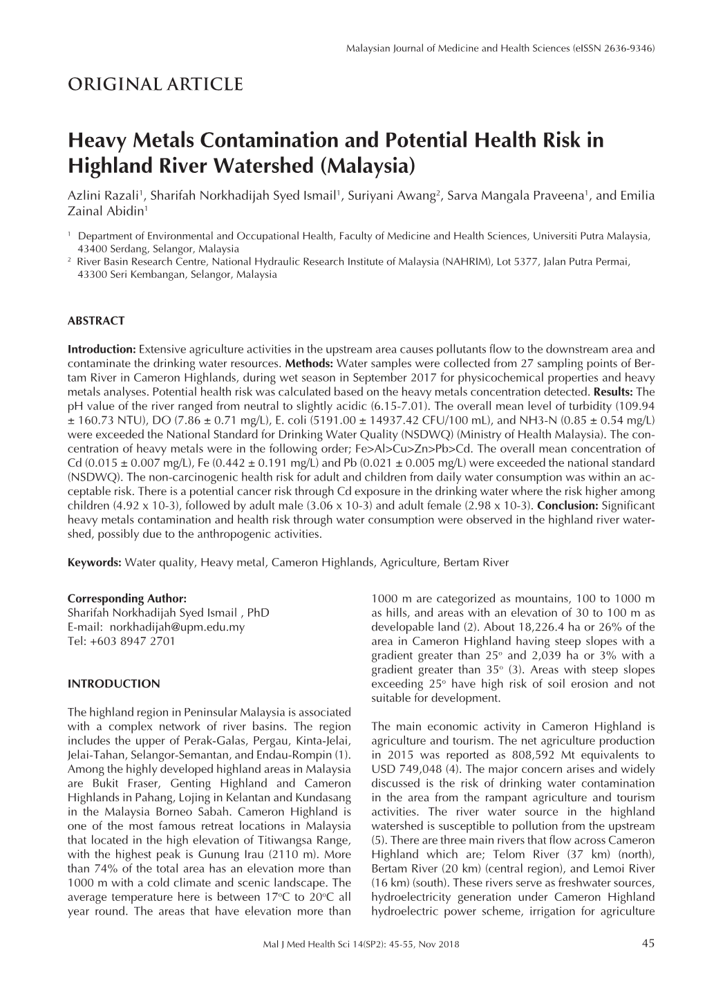 Heavy Metals Contamination and Potential Health Risk in Highland