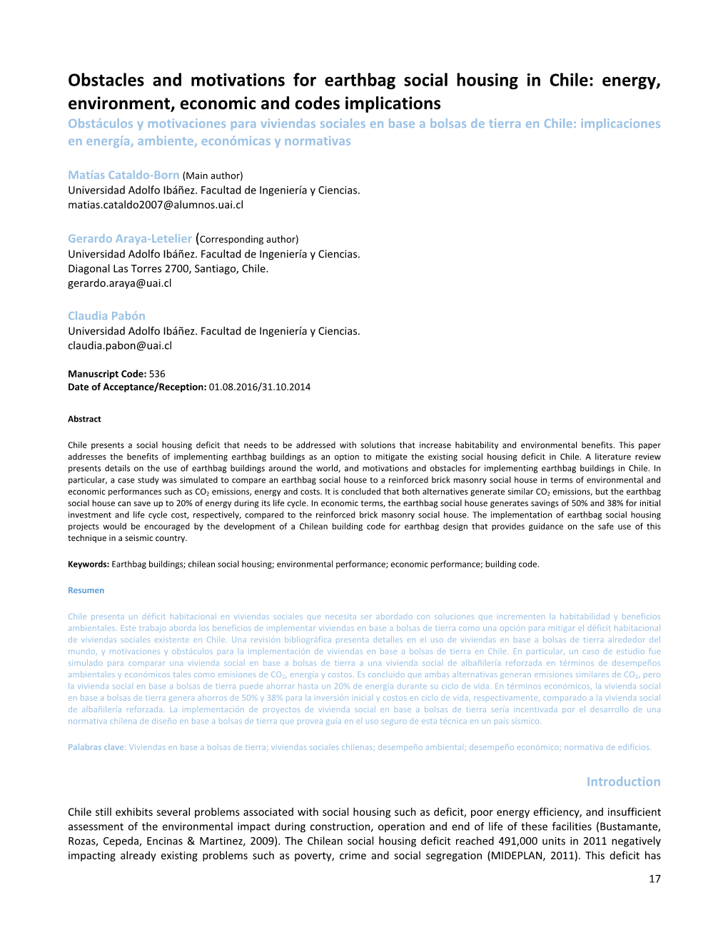 Obstacles and Motivations for Earthbag Social Housing in Chile