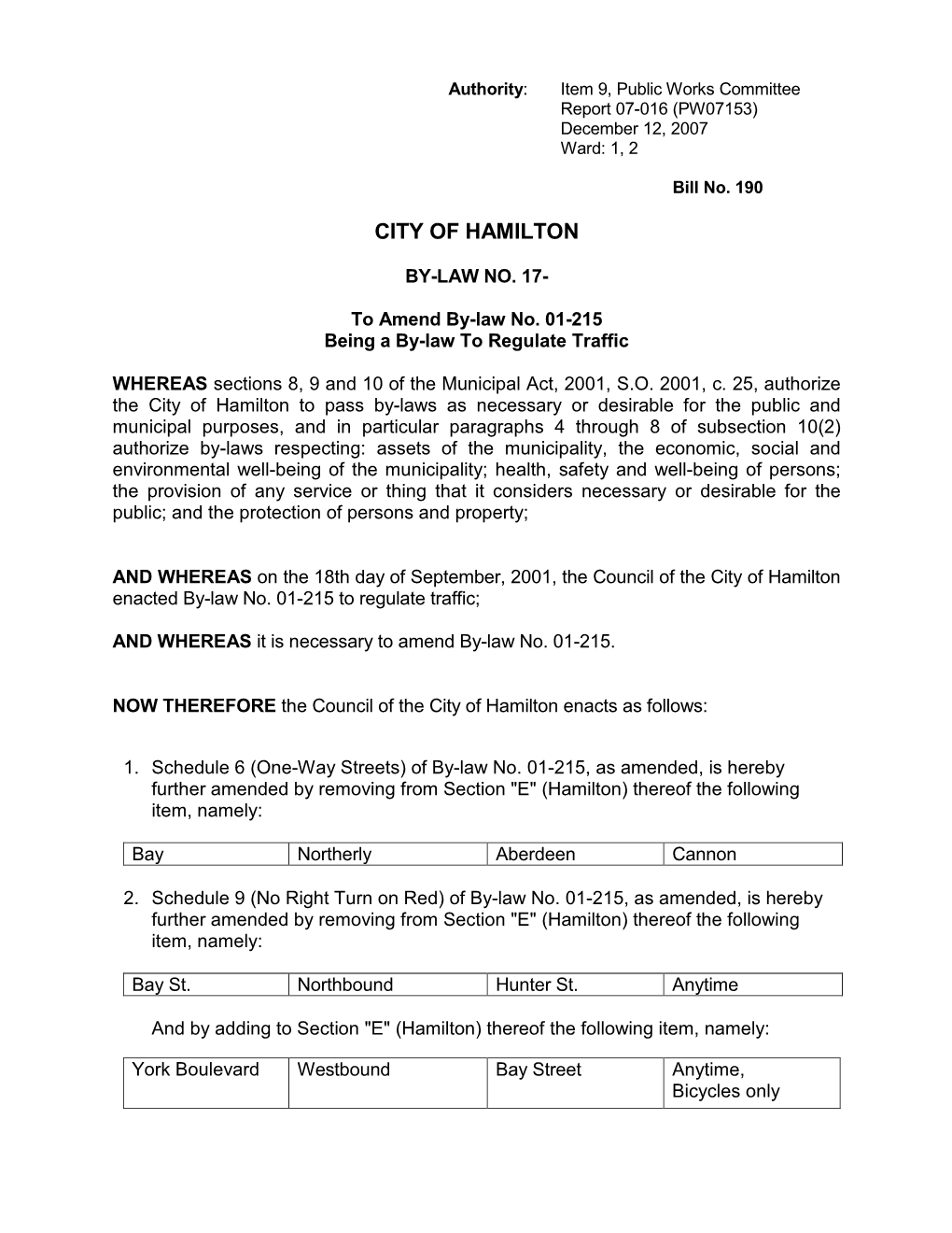 To Amend By-Law No. 01-215, Being a By-Law to Regulate Traffic