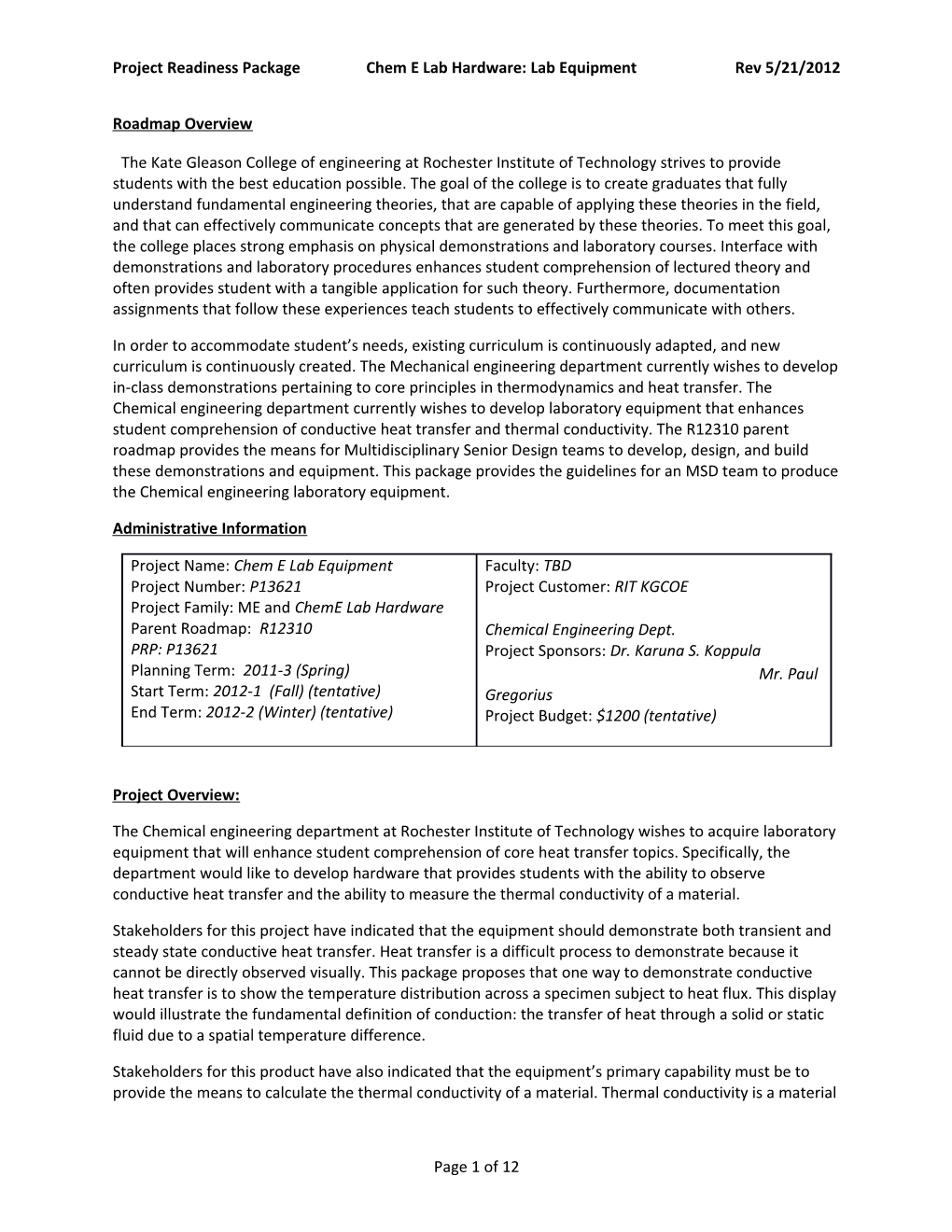 Project Readiness Package Chem E Lab Hardware: Lab Equipmentrev 5/21/2012