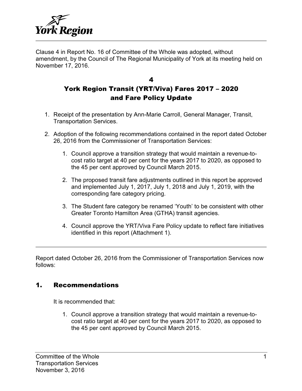 4 York Region Transit (YRT/Viva) Fares 2017 – 2020 and Fare Policy Update