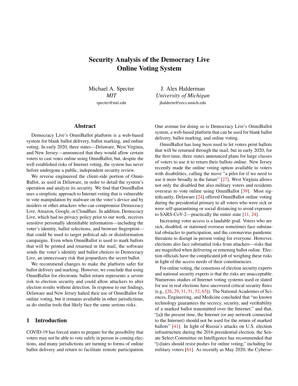 Security Analysis of the Democracy Live Online Voting System