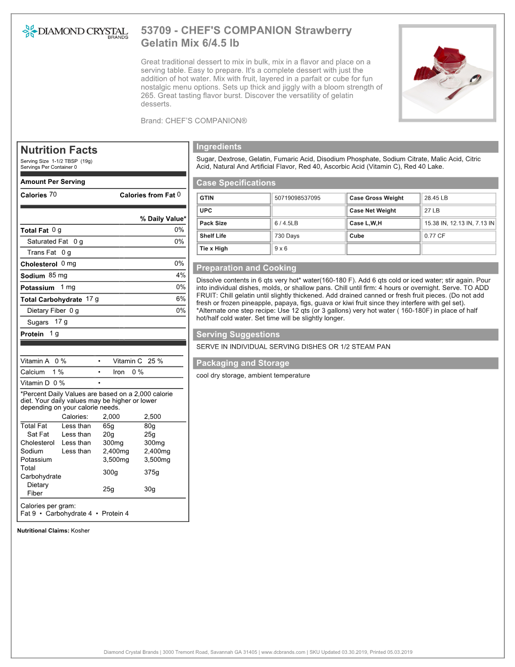 CHEF's COMPANION Strawberry Gelatin Mix 6/4.5 Lb Nutrition Facts