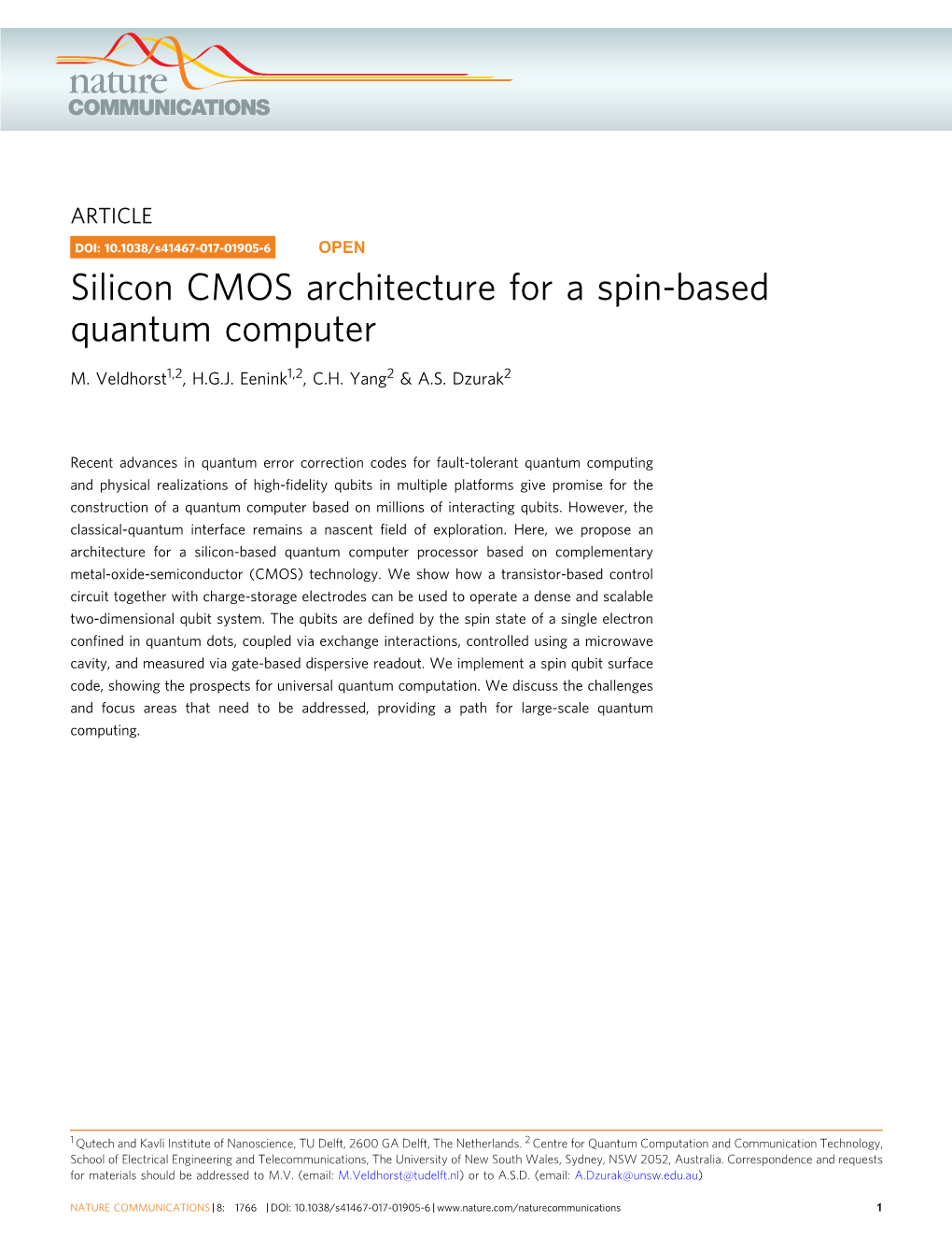 Silicon CMOS Architecture for a Spin-Based Quantum Computer