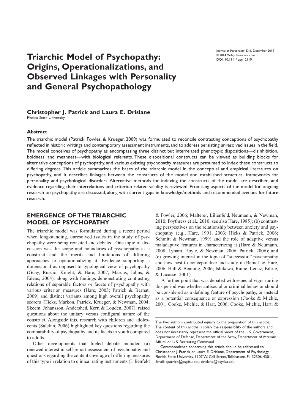 Triarchic Model of Psychopathy: Origins, Operationalizations, And