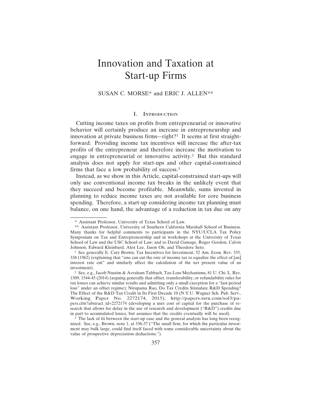Innovation and Taxation at Start-Up Firms