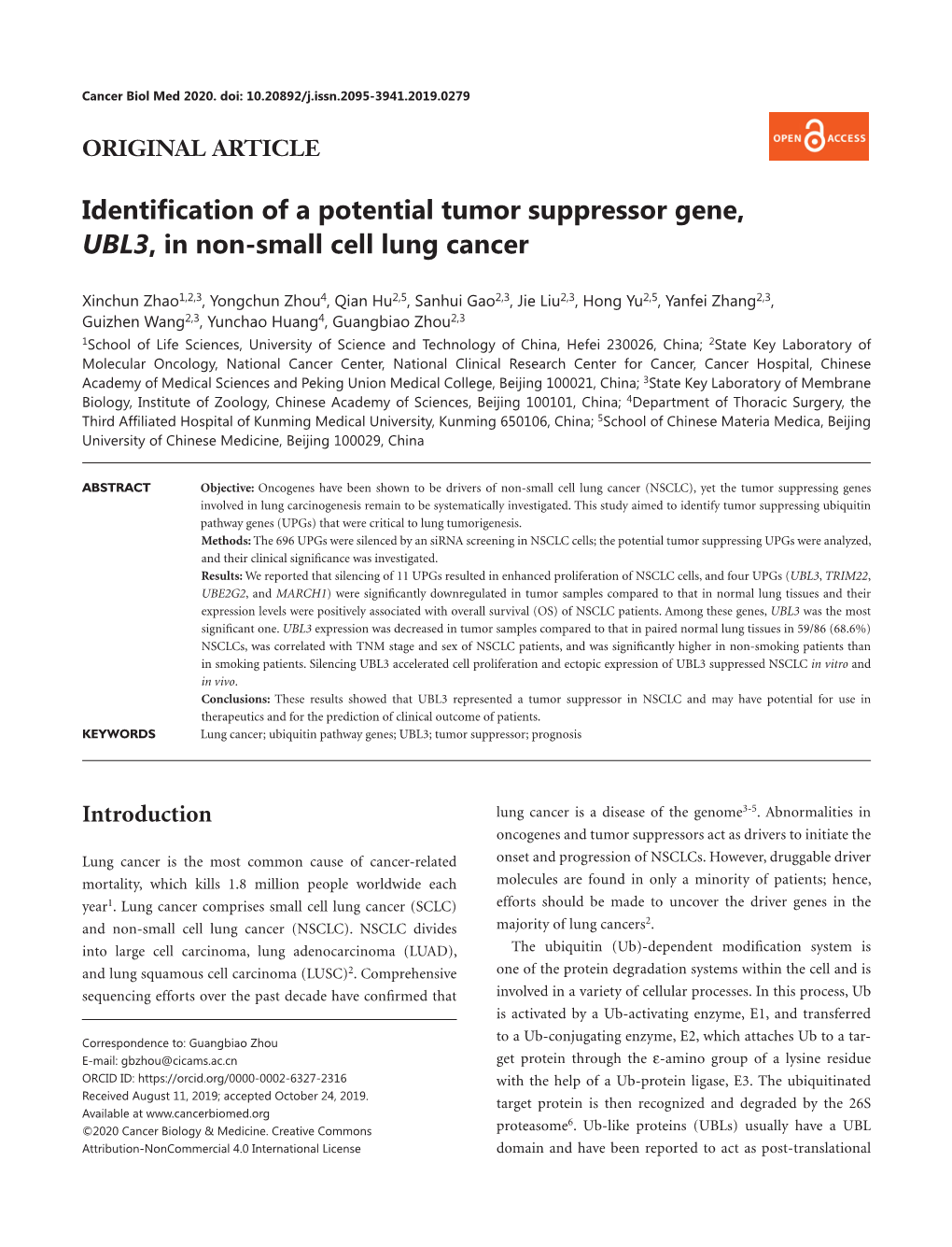 Identification of a Potential Tumor Suppressor Gene, UBL3, in Non-Small Cell Lung Cancer