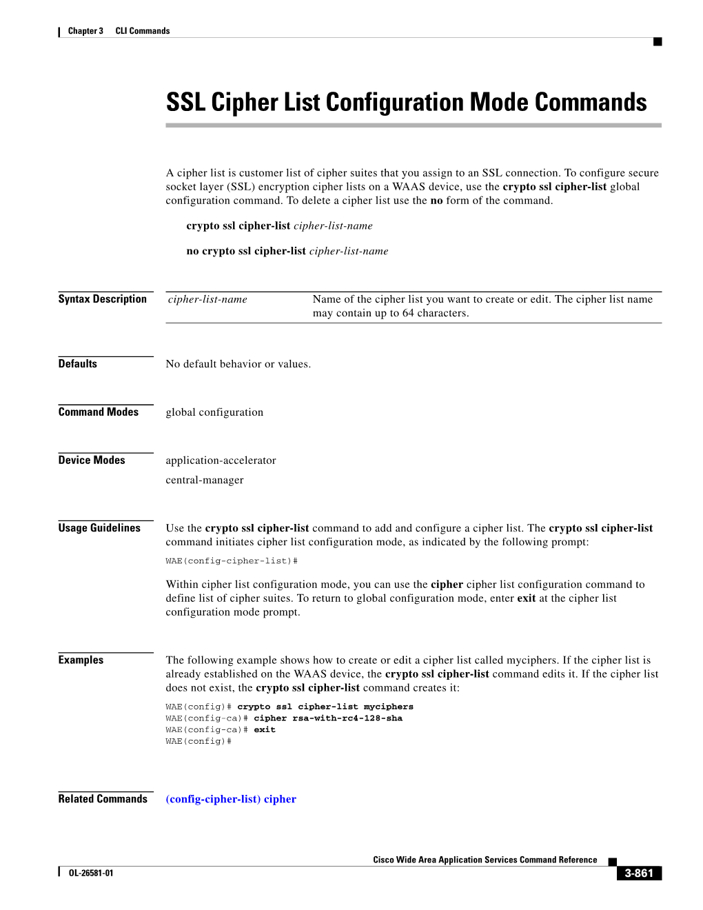 SSL Cipher List Configuration Mode Commands