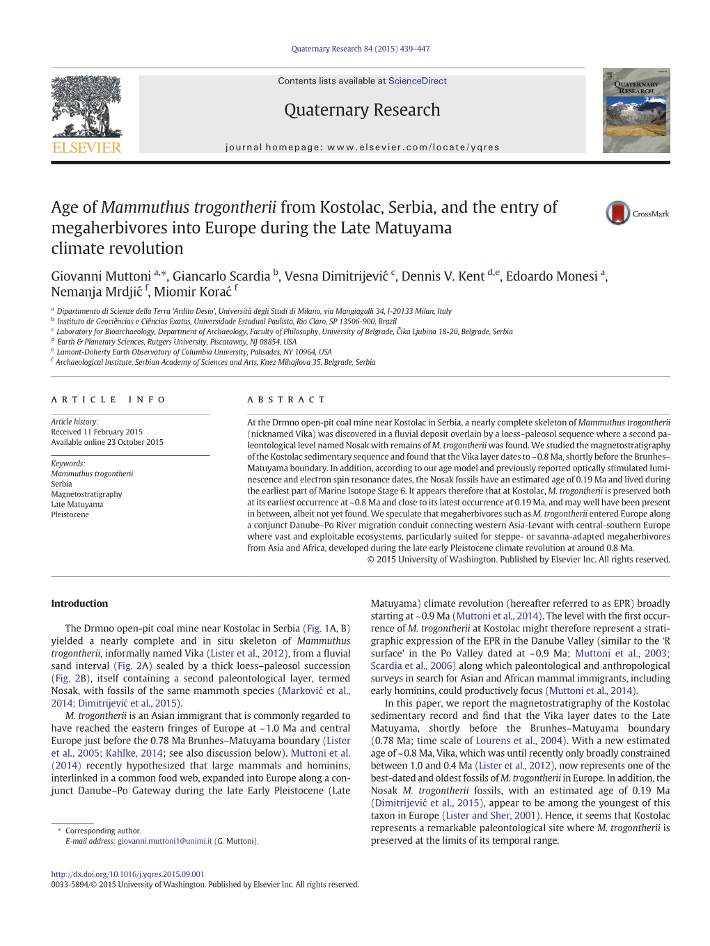 Age of Mammuthus Trogontherii from Kostolac, Serbia, and the Entry of Megaherbivores Into Europe During the Late Matuyama Climate Revolution