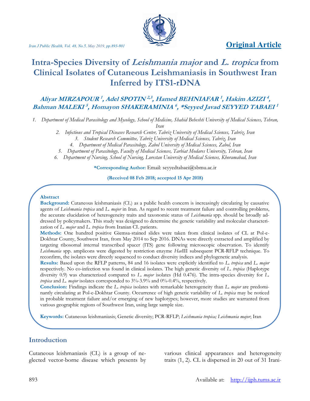 Intra-Species Diversity of Leishmania Major and L. Tropica from Clinical Isolates of Cutaneous Leishmaniasis in Southwest Iran Inferred by ITS1-Rdna