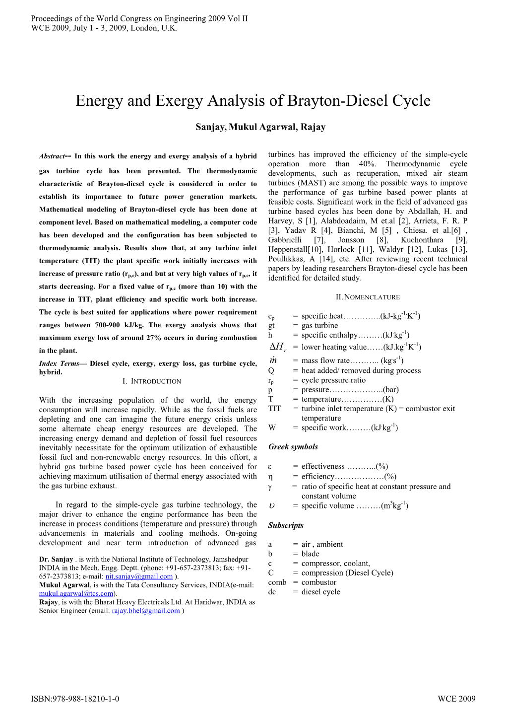 Energy and Exergy Analysis of Brayton-Diesel Cycle