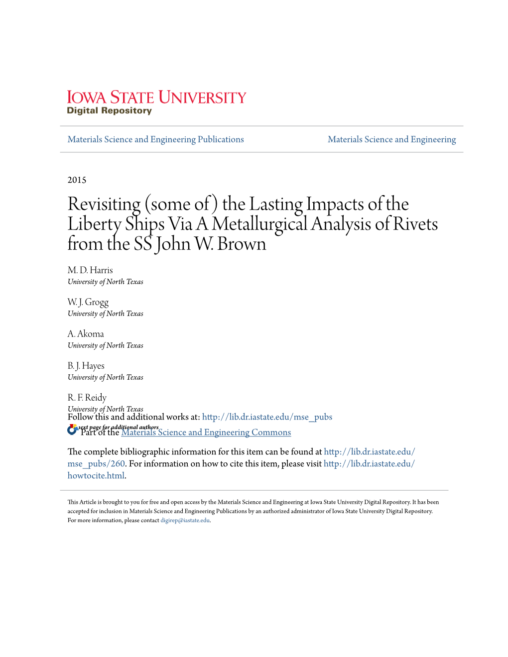 The Lasting Impacts of the Liberty Ships Via a Metallurgical Analysis of Rivets from the SS John W