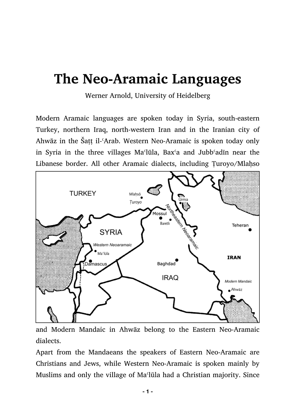 The Neo-Aramaic Languages Werner Arnold, University of Heidelberg