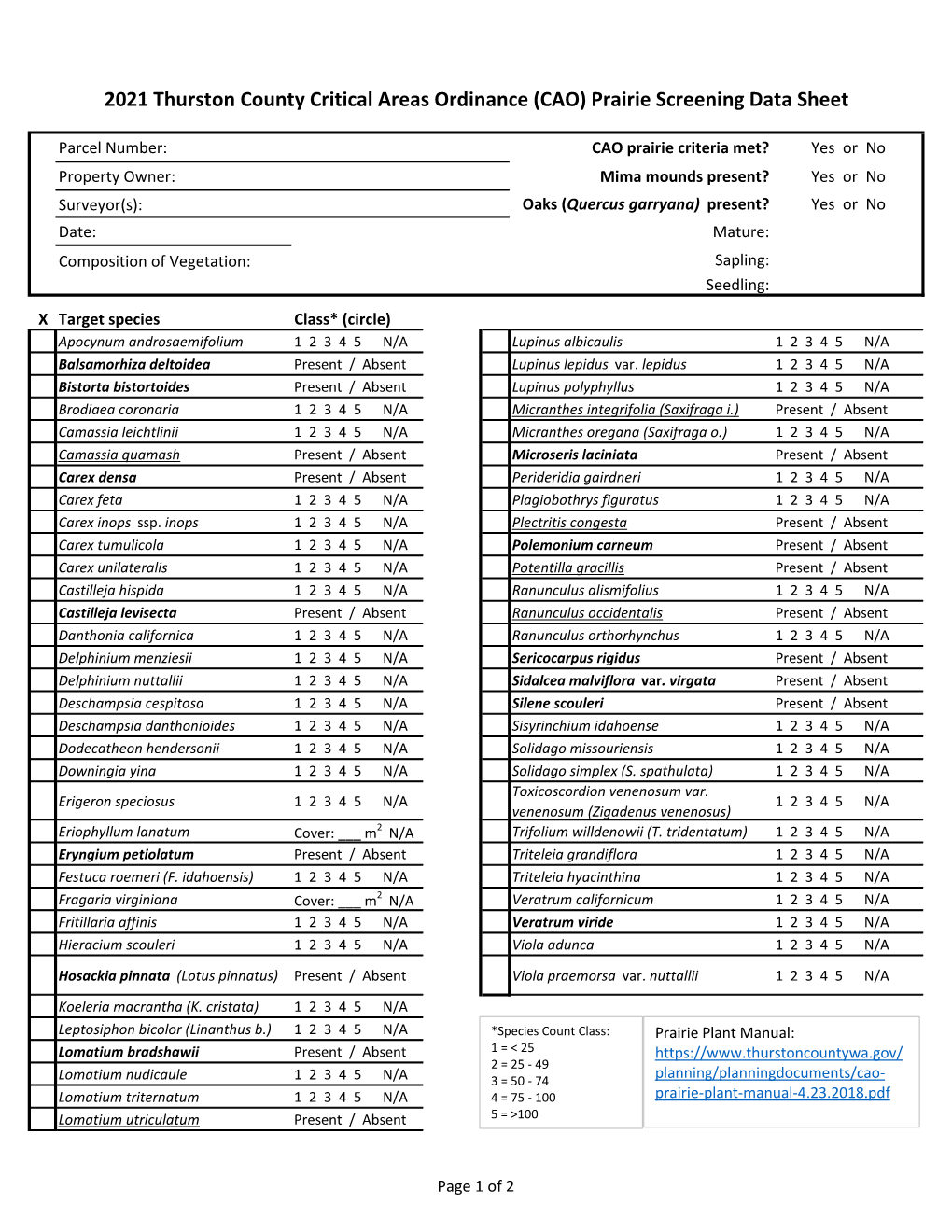 2021 CAO Prairie Plant Data Sheets