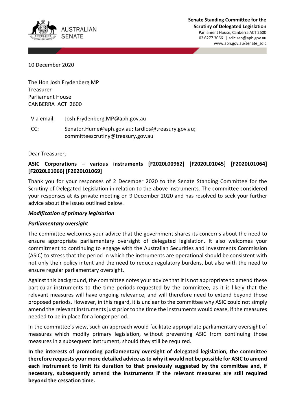 10 December 2020 the Hon Josh Frydenberg MP Treasurer Parliament House CANBERRA ACT 2600 Via Email: Josh.Frydenberg.MP@Aph.Gov