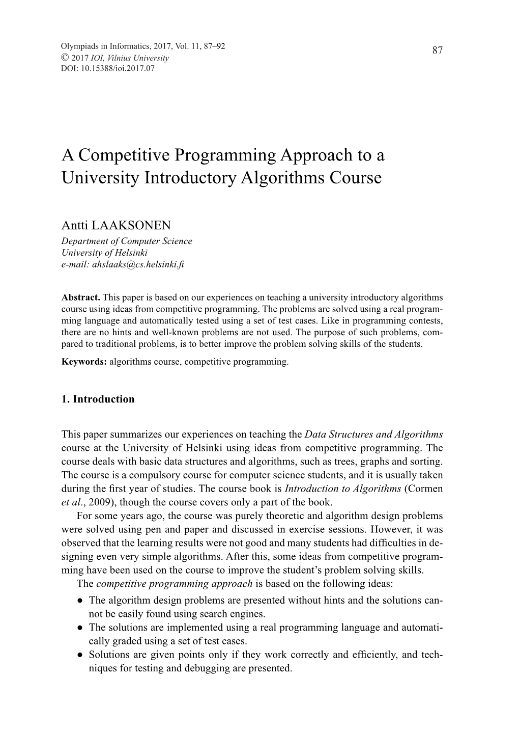 A Competitive Programming Approach to a University Introductory Algorithms Course