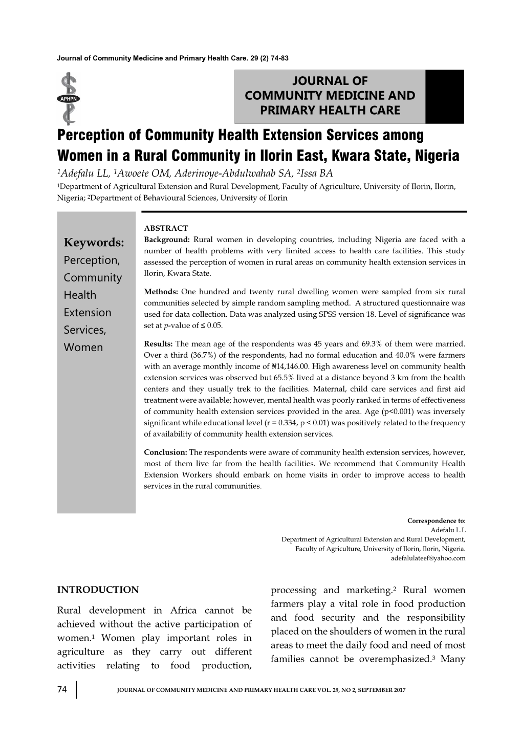 Perception of Community Health Extension Services Among Women