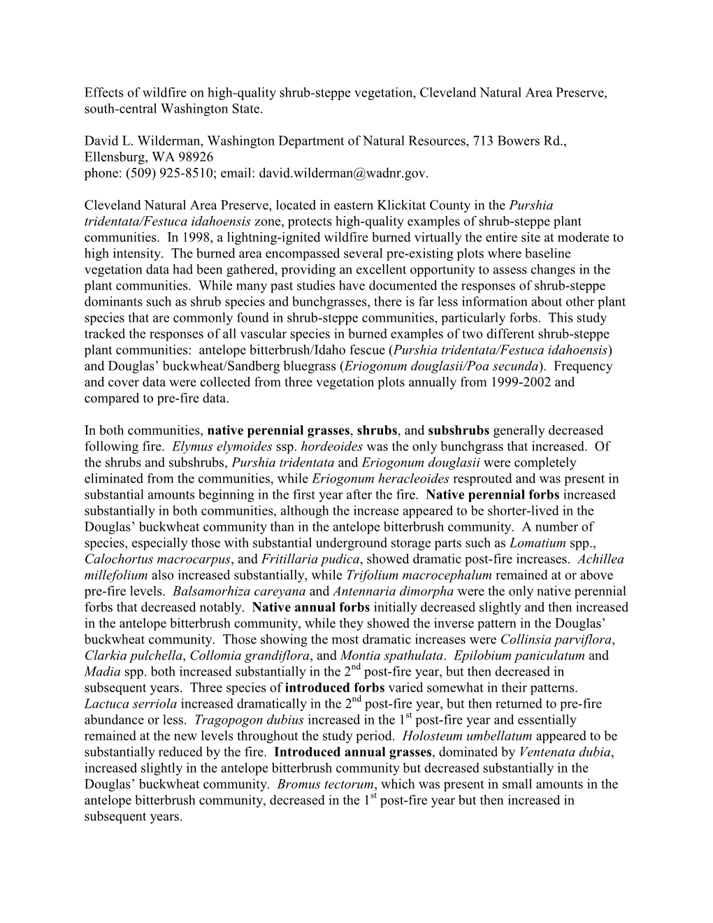 Effects of Wildfire on High-Quality Shrub-Steppe Vegetation, Cleveland Natural Area Preserve, South-Central Washington State