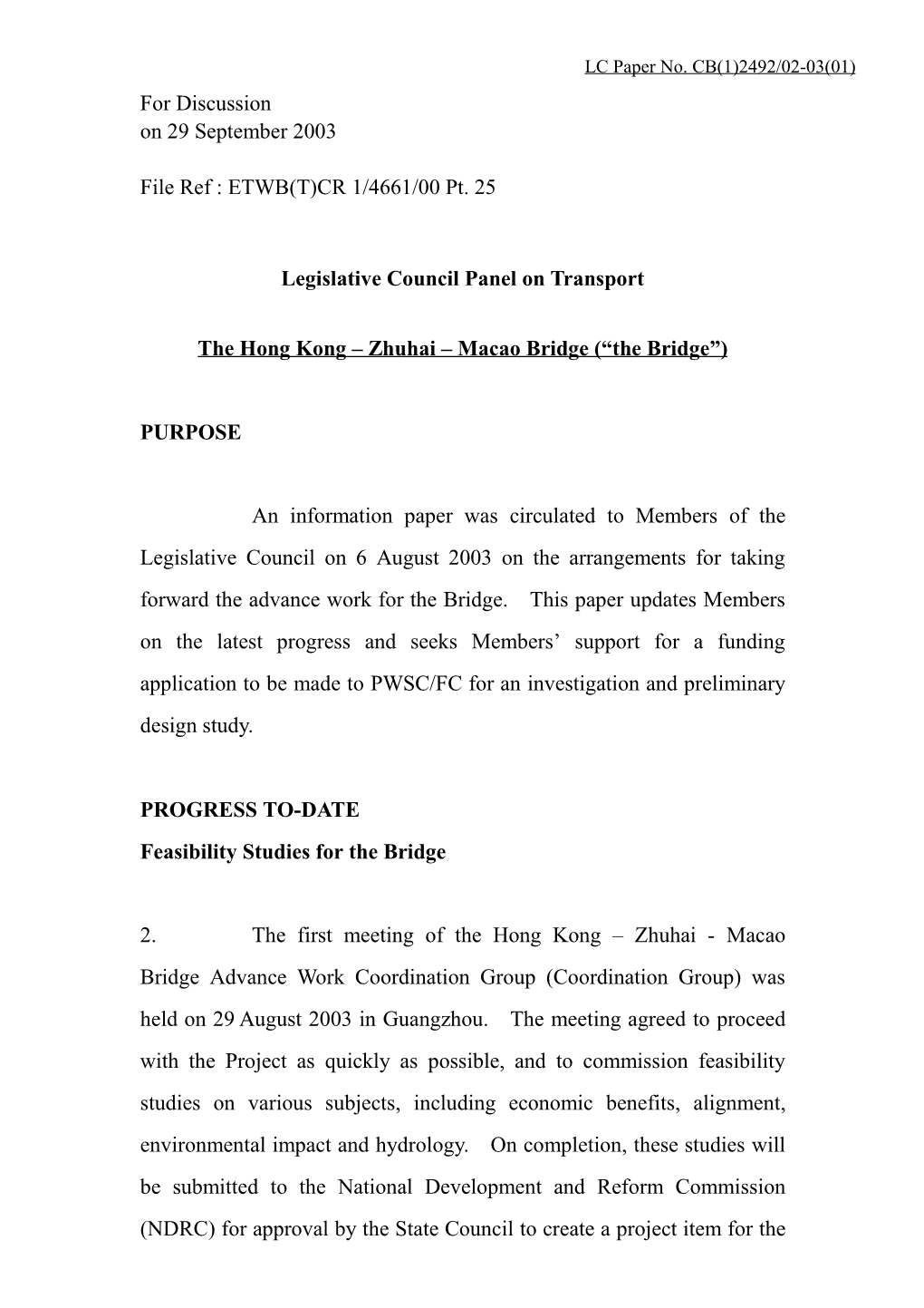 Legislative Council Panel on Transport : the Hong Kong