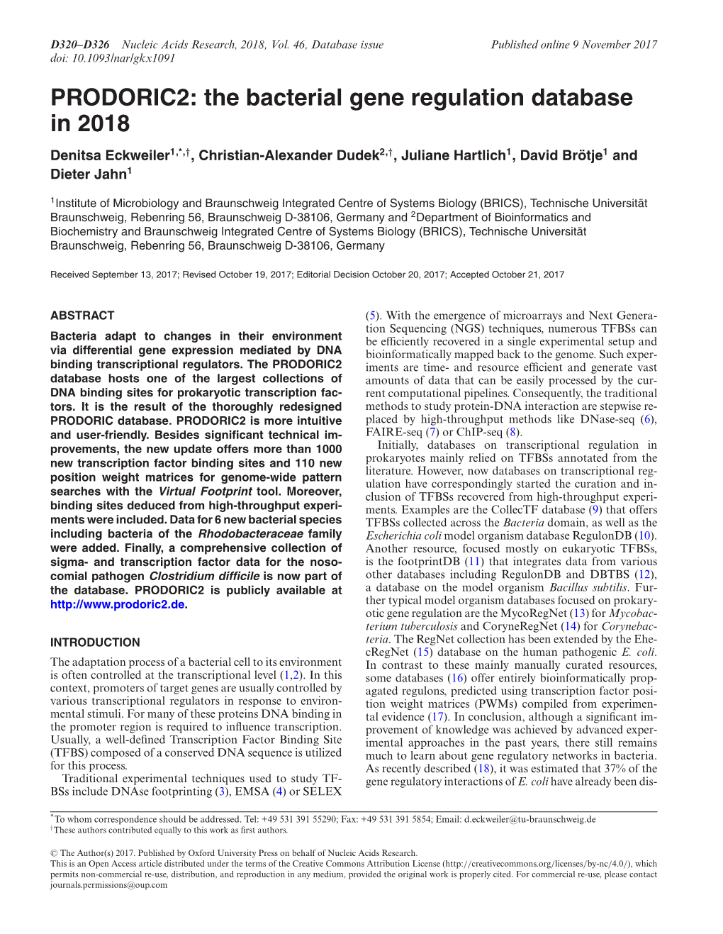 The Bacterial Gene Regulation Database in 2018 Denitsa Eckweiler1,*,†, Christian-Alexander Dudek2,†, Juliane Hartlich1,Davidbrotje¨ 1 and Dieter Jahn1