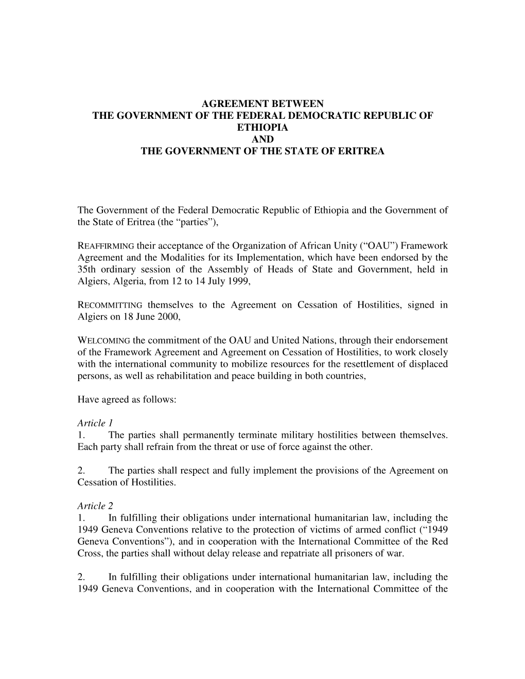 Agreement Between the Government of the Federal Democratic Republic of Ethiopia and the Government of the State of Eritrea