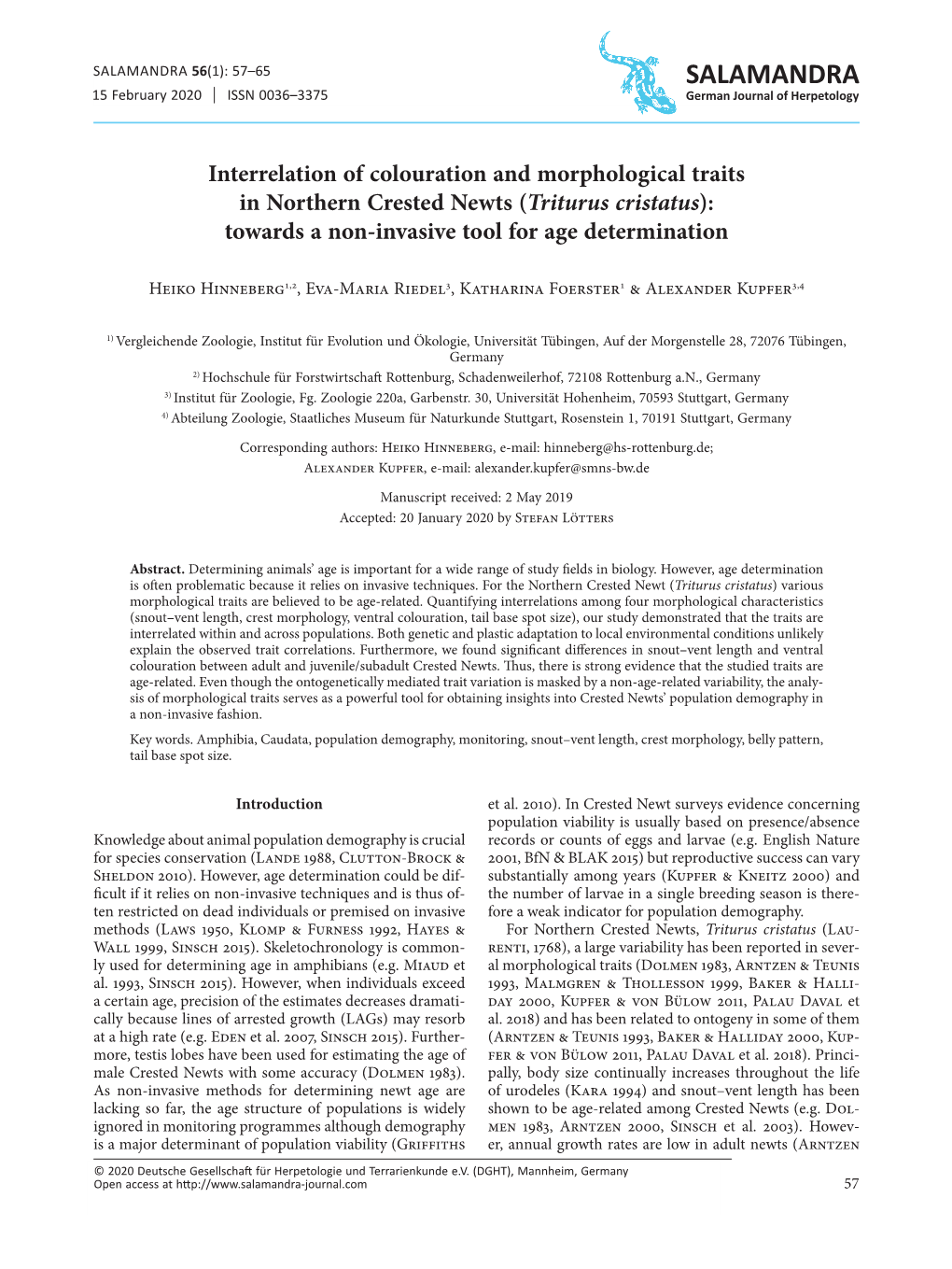 Interrelation of Colouration and Morphological Traits in Northern Crested Newts (Triturus Cristatus): Towards a Non-Invasive Tool for Age Determination