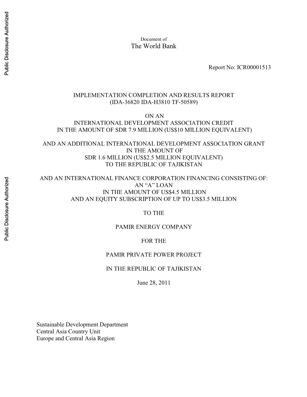 Report No: ICR00001513 Public Disclosure Authorized
