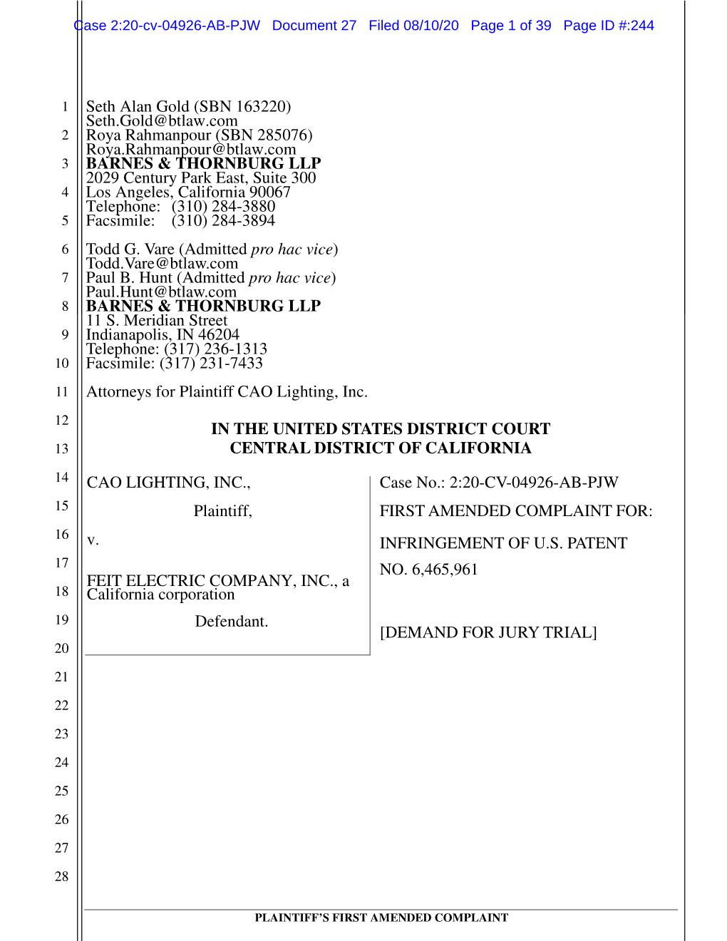 Exhibit 1 First Amended Complaint Against Feit Clean