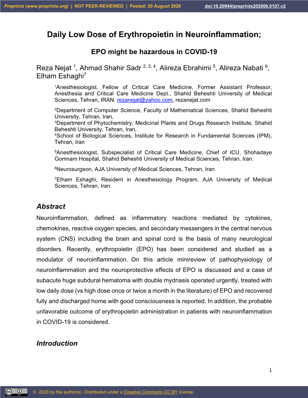 Daily Low Dose of Erythropoietin in Neuroinflammation;