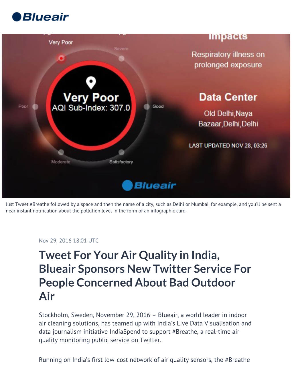 Tweet for Your Air Quality in India, Blueair Sponsors New Twitter Service for People Concerned About Bad Outdoor Air
