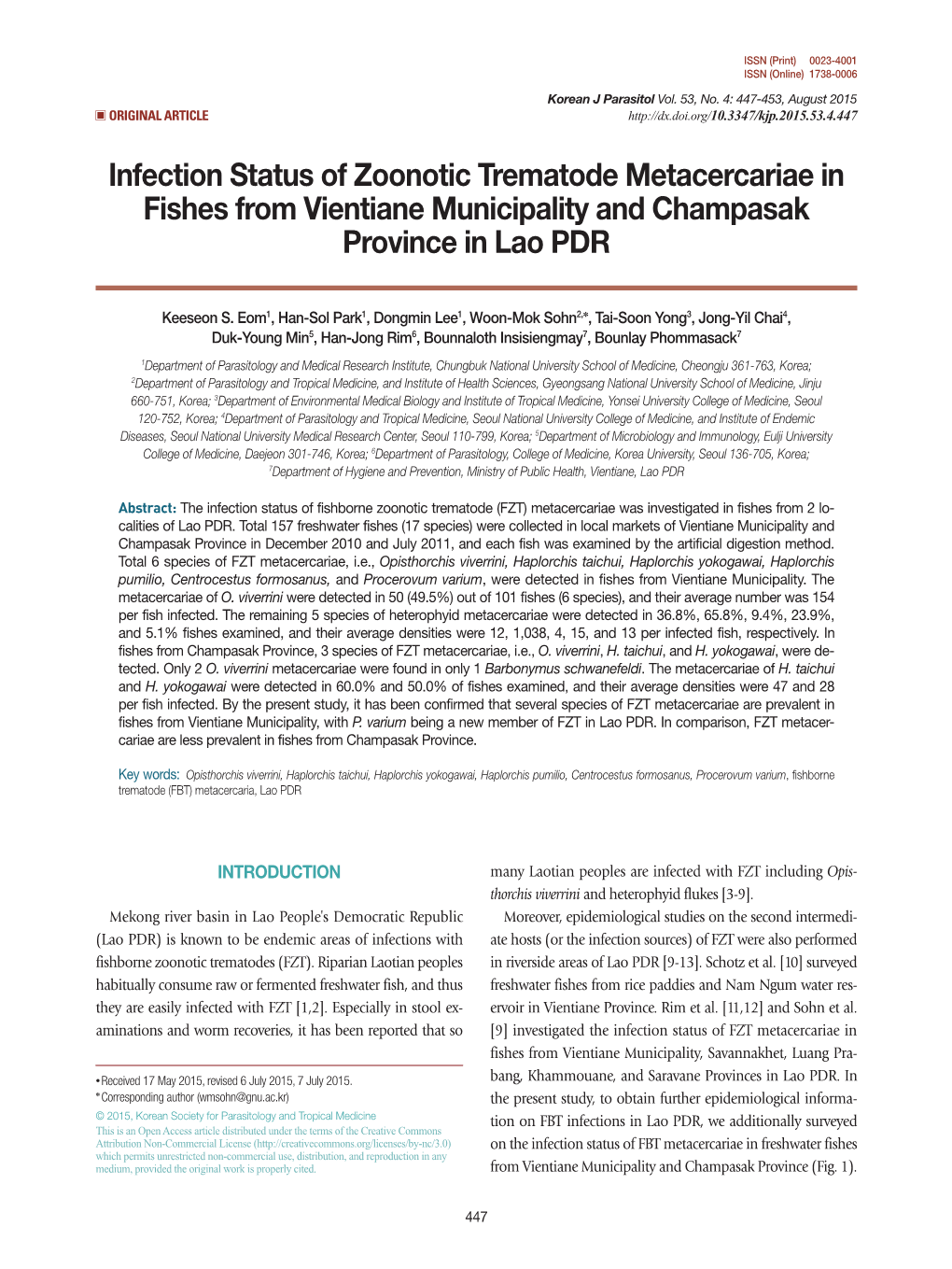 Infection Status of Zoonotic Trematode Metacercariae in Fishes from Vientiane Municipality and Champasak Province in Lao PDR