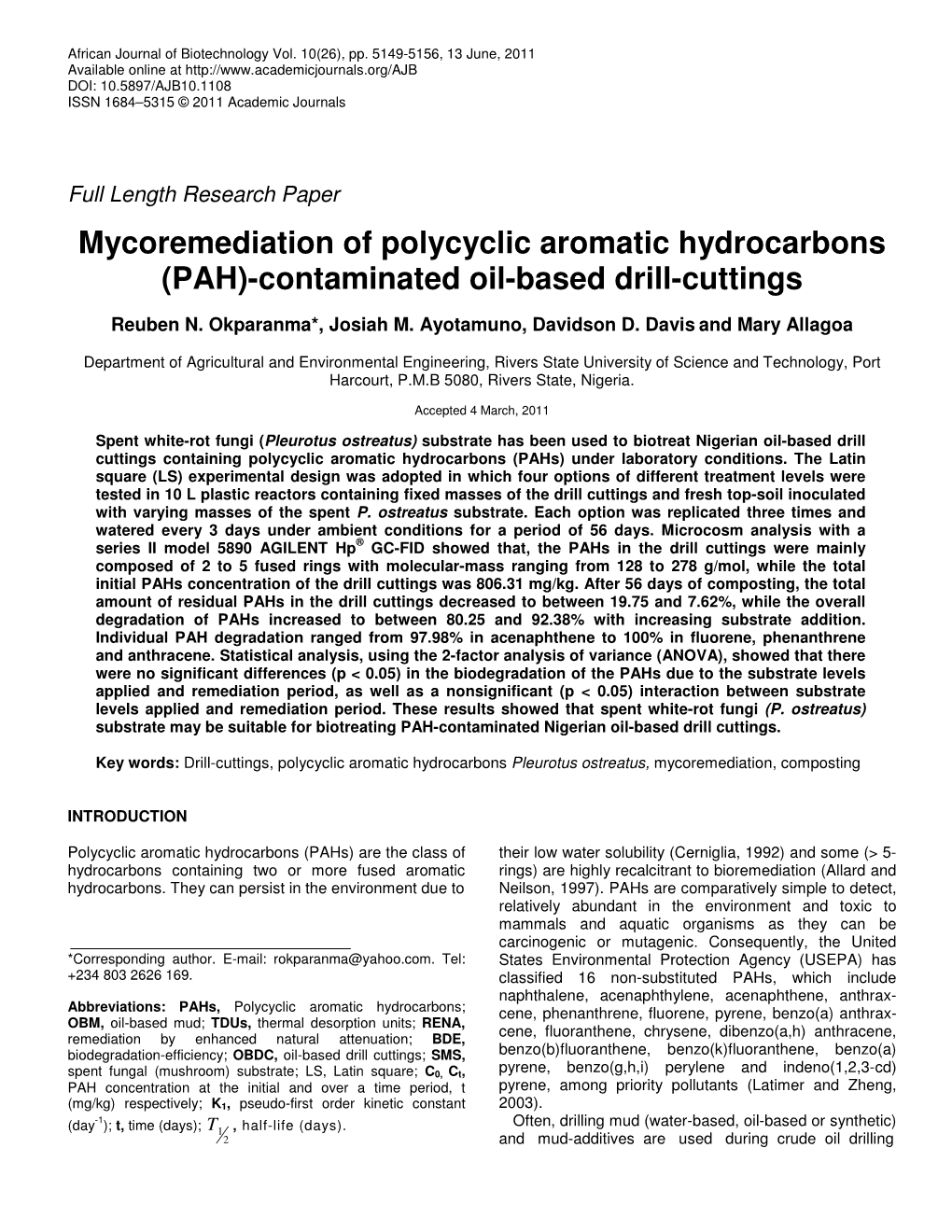 Mycoremediation of Polycyclic Aromatic Hydrocarbons (PAH)-Contaminated Oil-Based Drill-Cuttings