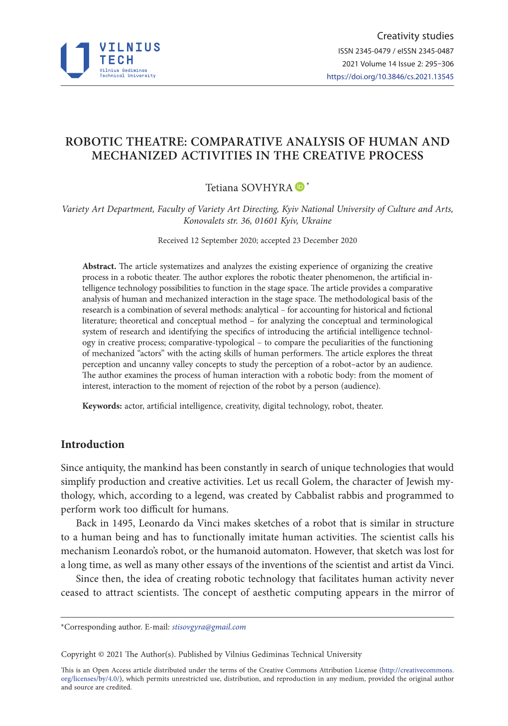 Robotic Theatre: Comparative Analysis of Human and Mechanized Activities in the Creative Process