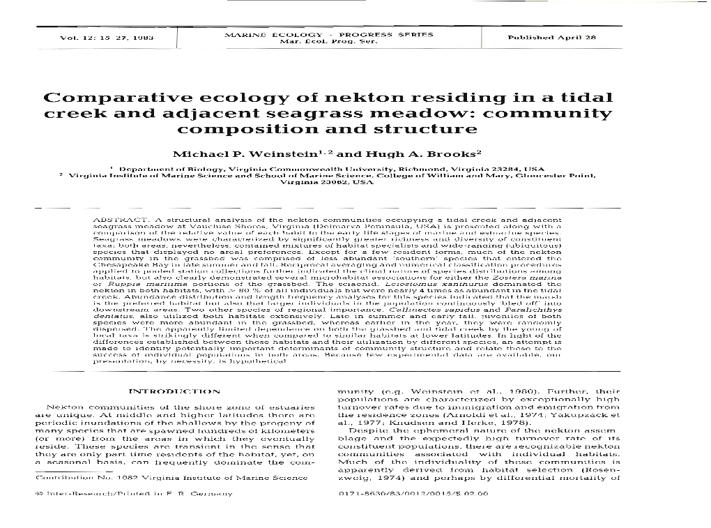 Comparative Ecology of Nekton Residing in a Tidal Creek and Adjacent Seagrass Meadow: Community Composition and Structure