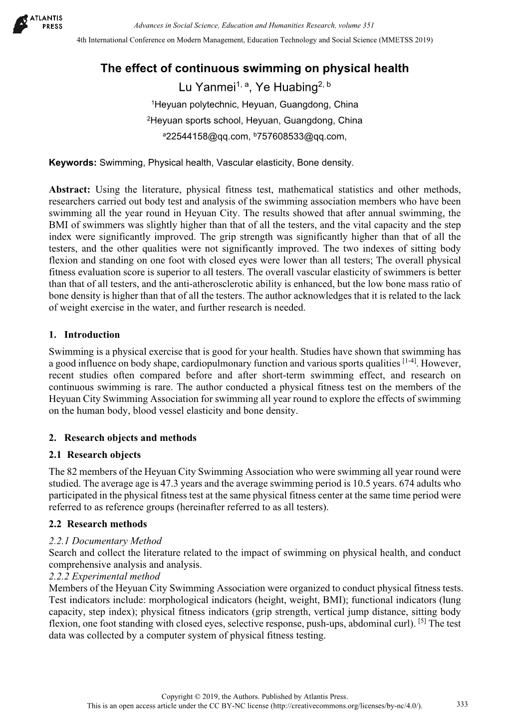 The Effect of Continuous Swimming on Physical Health Lu Yanmei1, A, Ye