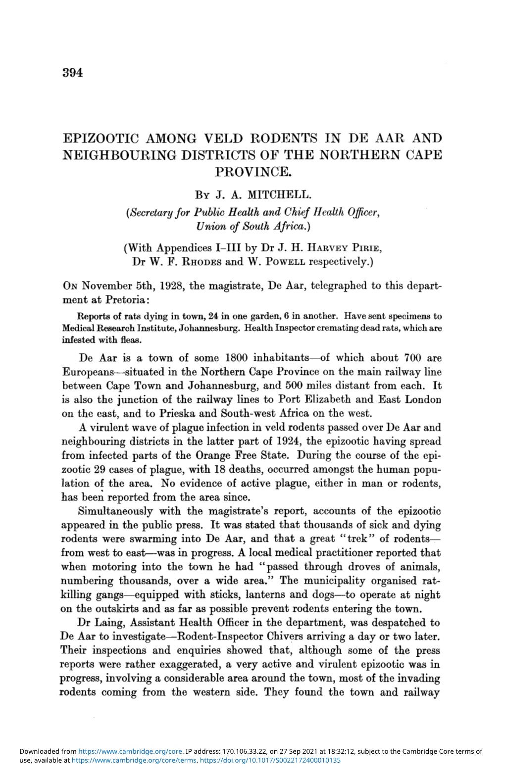 Epizootic Among Veld Rodents in De Aar and Neighbouring Districts of the Northern Cape Province