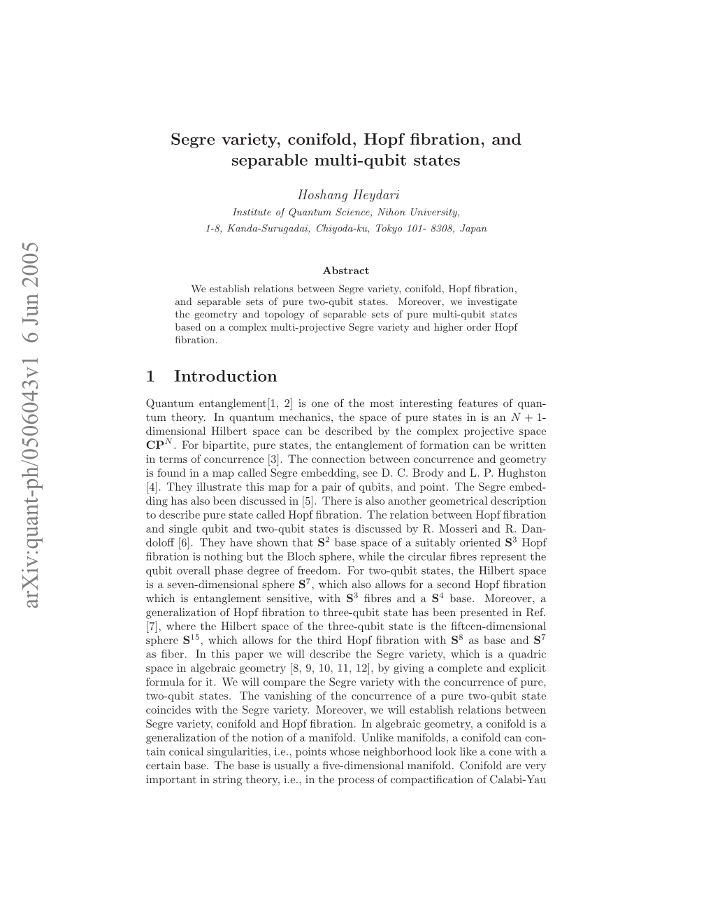 Segre Variety, Conifold, Hopf Fibration, and Separable Multi-Qubit States