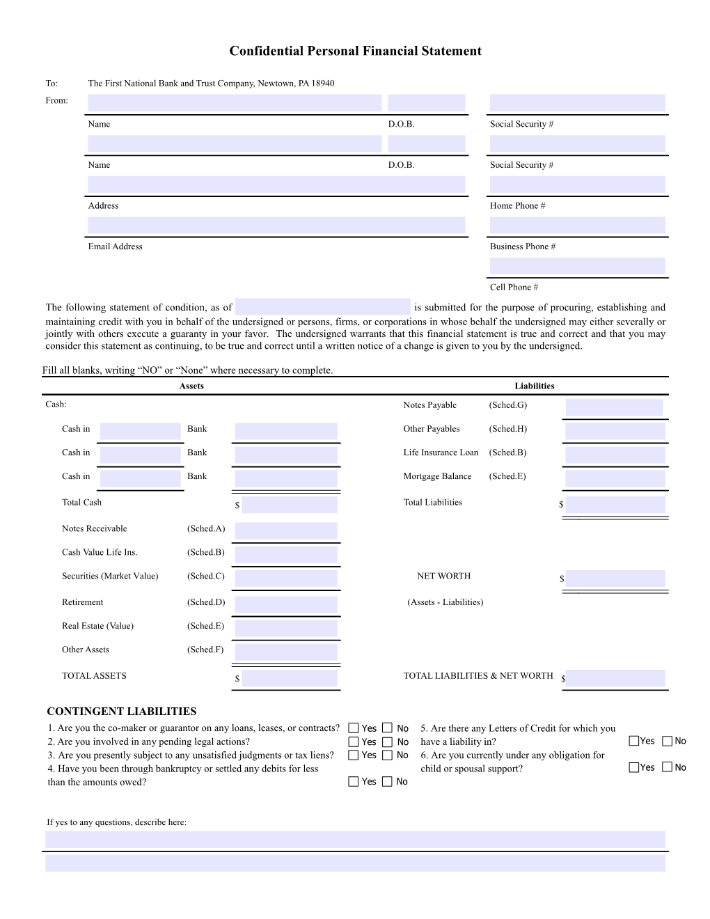 Confidential Personal Financial Statement