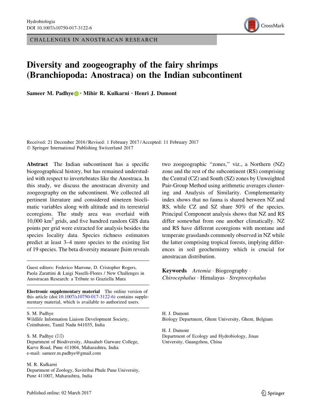 Diversity and Zoogeography of the Fairy Shrimps (Branchiopoda: Anostraca) on the Indian Subcontinent