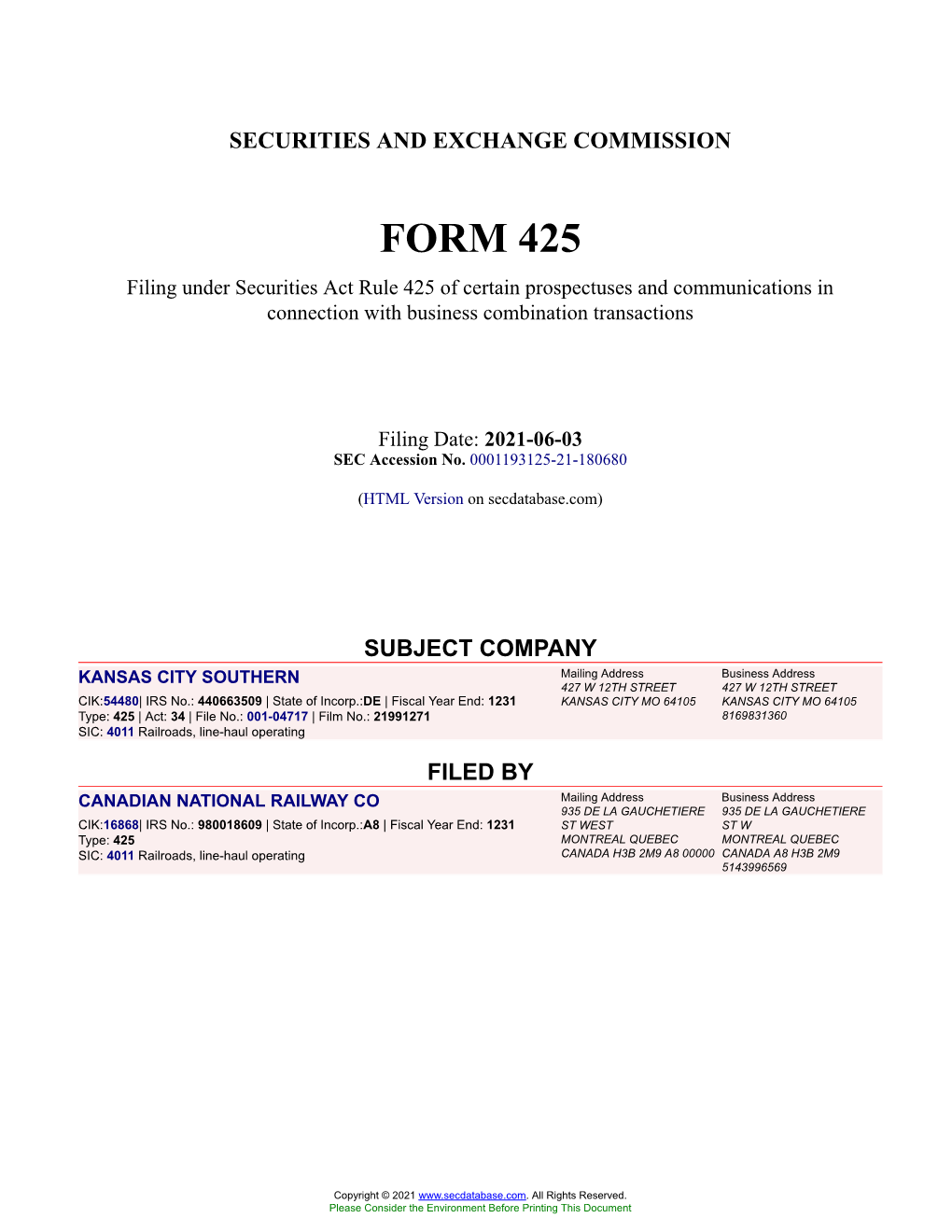 KANSAS CITY SOUTHERN Form 425 Filed 2021-06-03