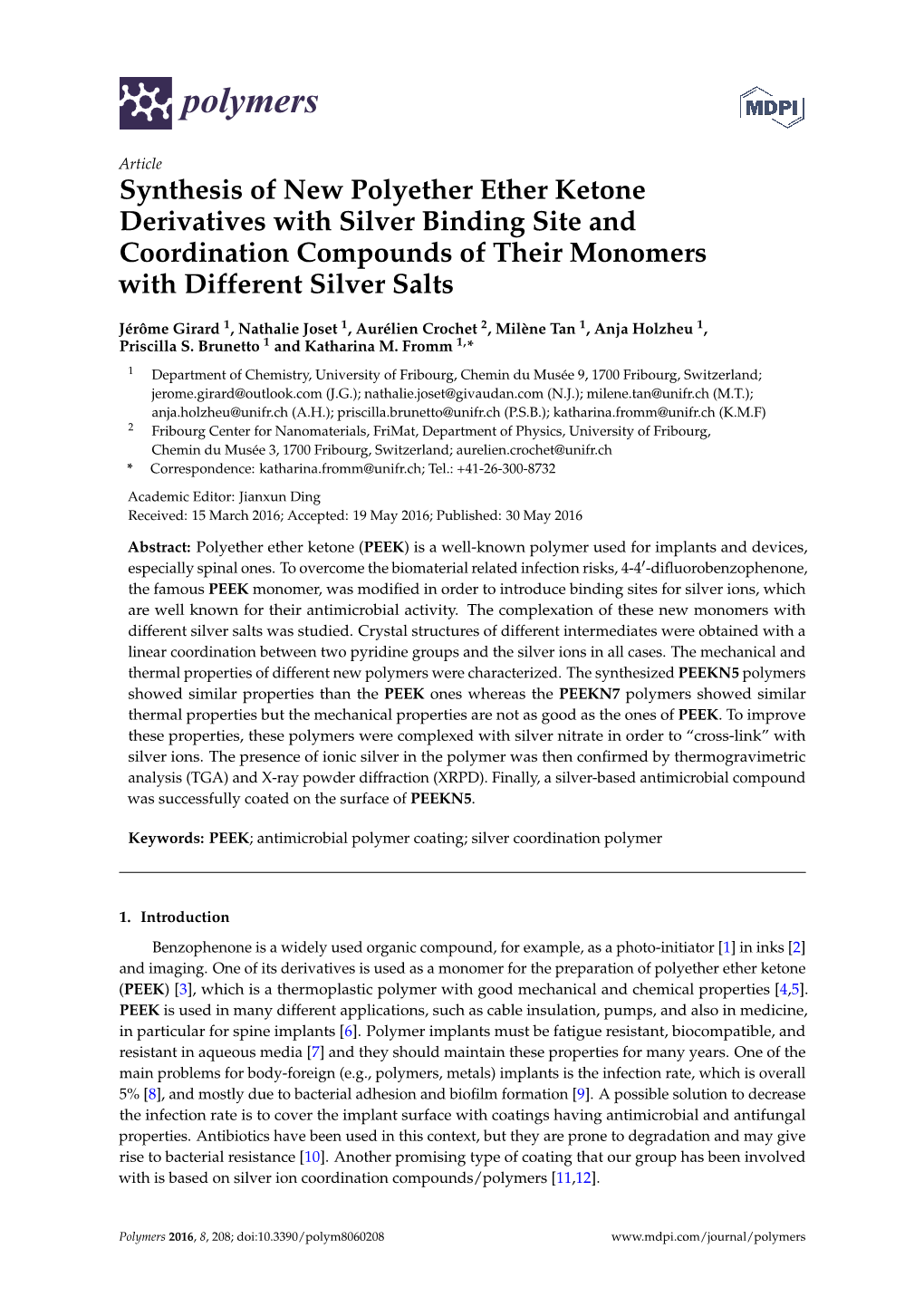 Synthesis of New Polyether Ether Ketone Derivatives with Silver Binding Site and Coordination Compounds of Their Monomers with Different Silver Salts